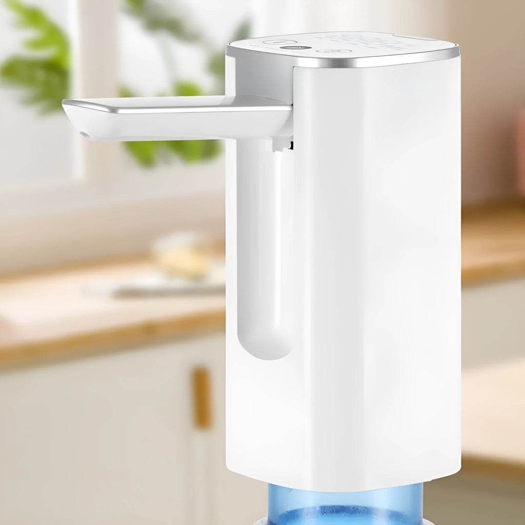 White folding bucket table water dispenser pump with LCD touch screen and silicone tube.