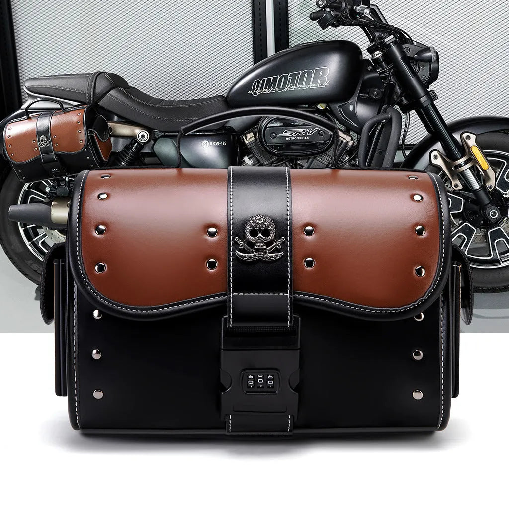 PU leather motorcycle front bag with colour contrast patchwork design, model FBG397BK.