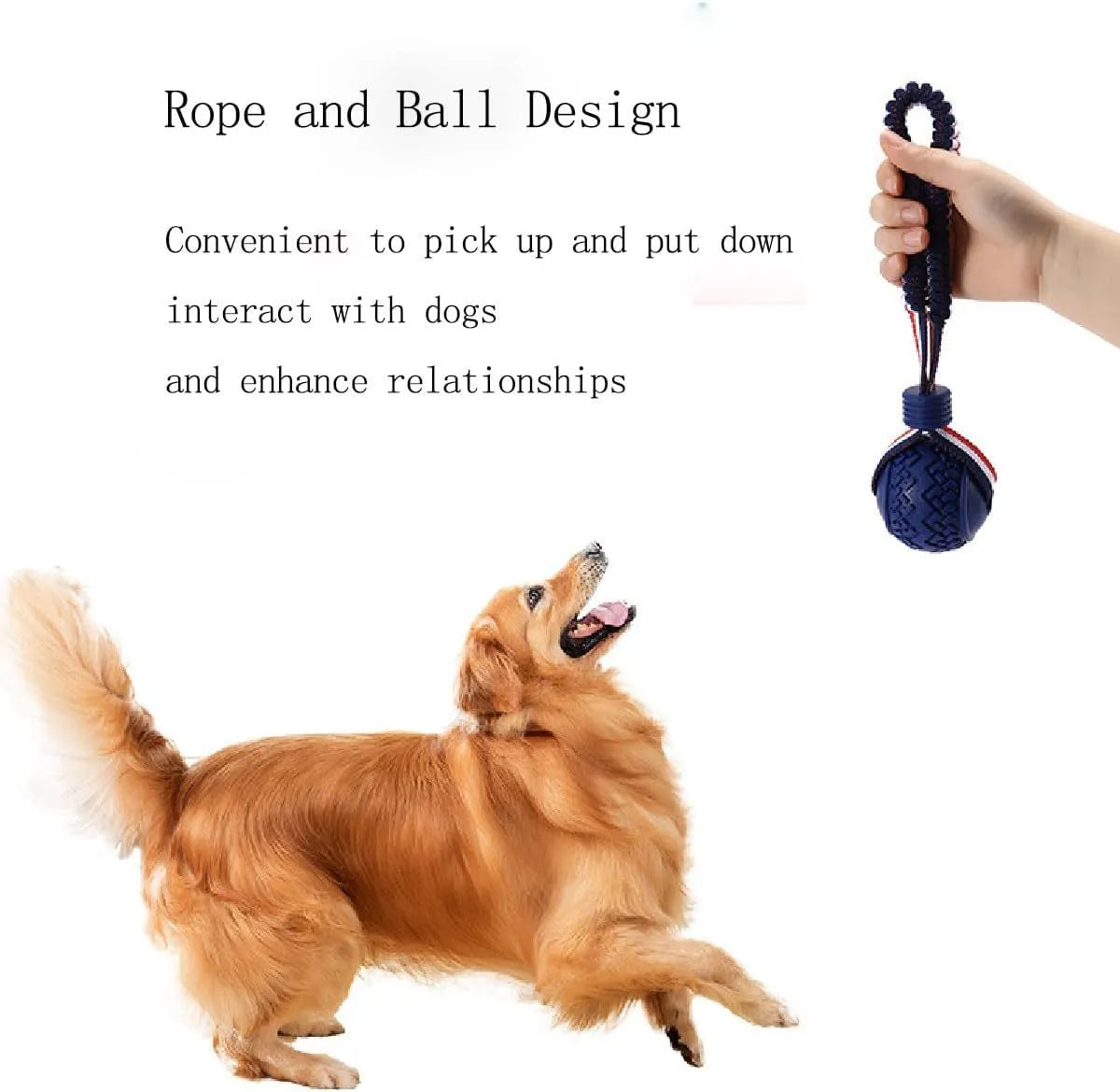 Blue rubber dog ball with rope attached, showing textured surface.