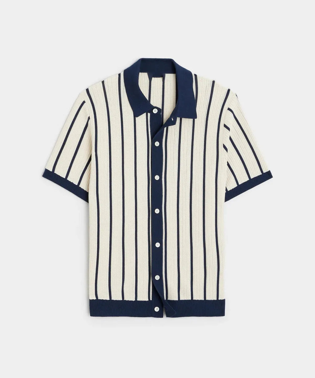 Men's white asymmetric lapel short sleeve knitted top laid flat, showcasing ice silk fabric texture.