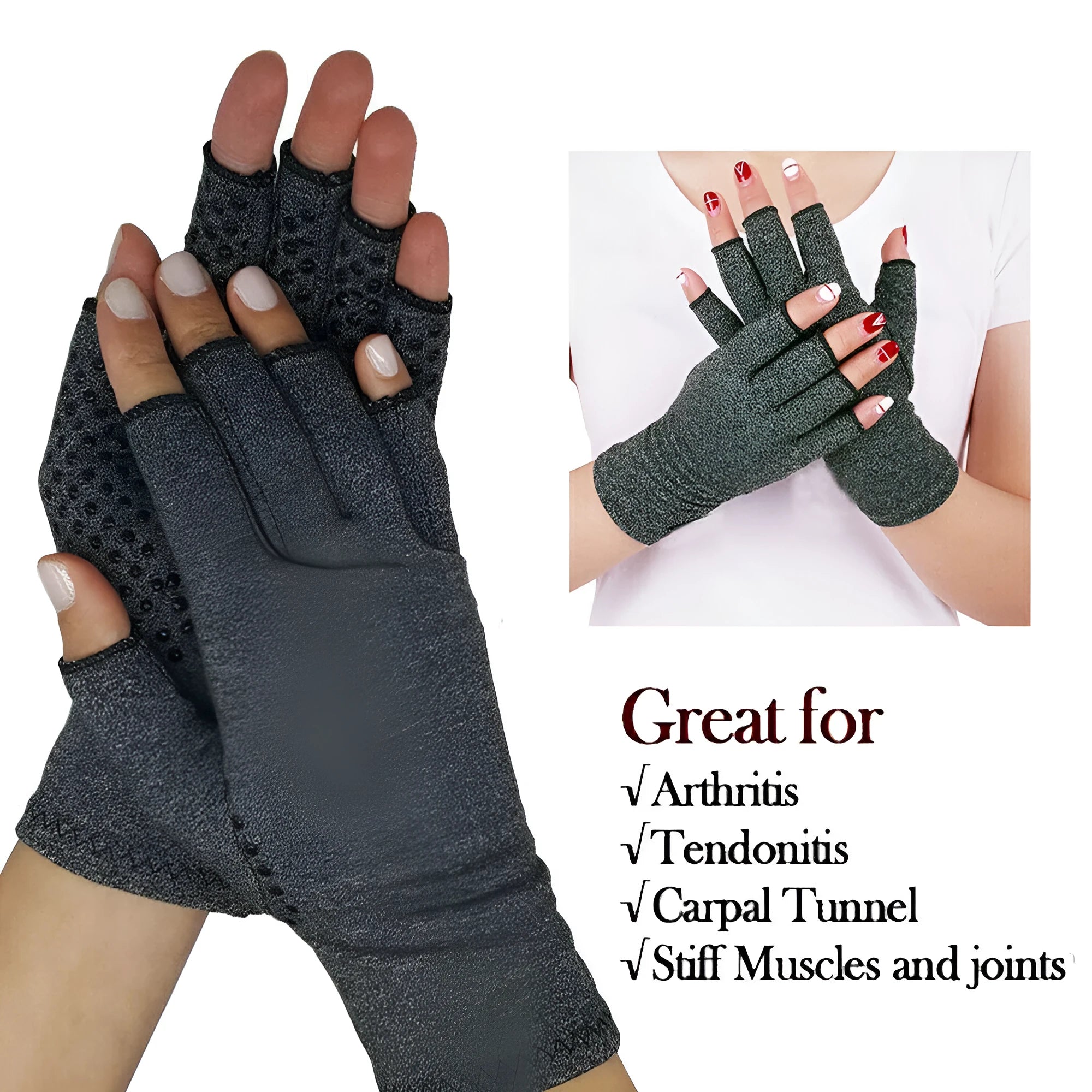 Grey half-finger compression gloves with anti-slip grip on fingertips.