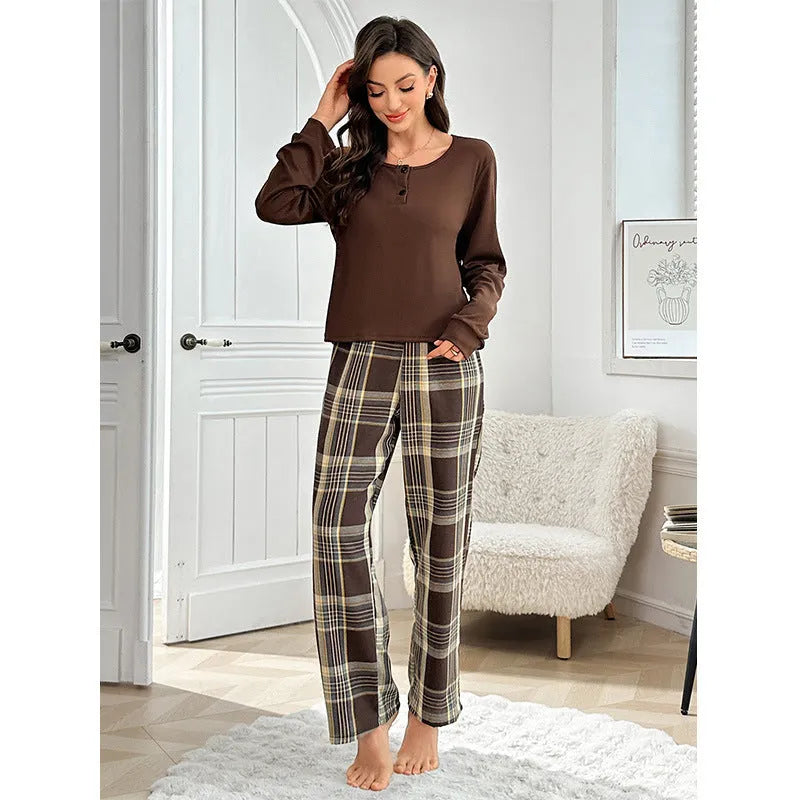 Women's plaid button pullover top and matching pants set in milk silk fabric, brown colour