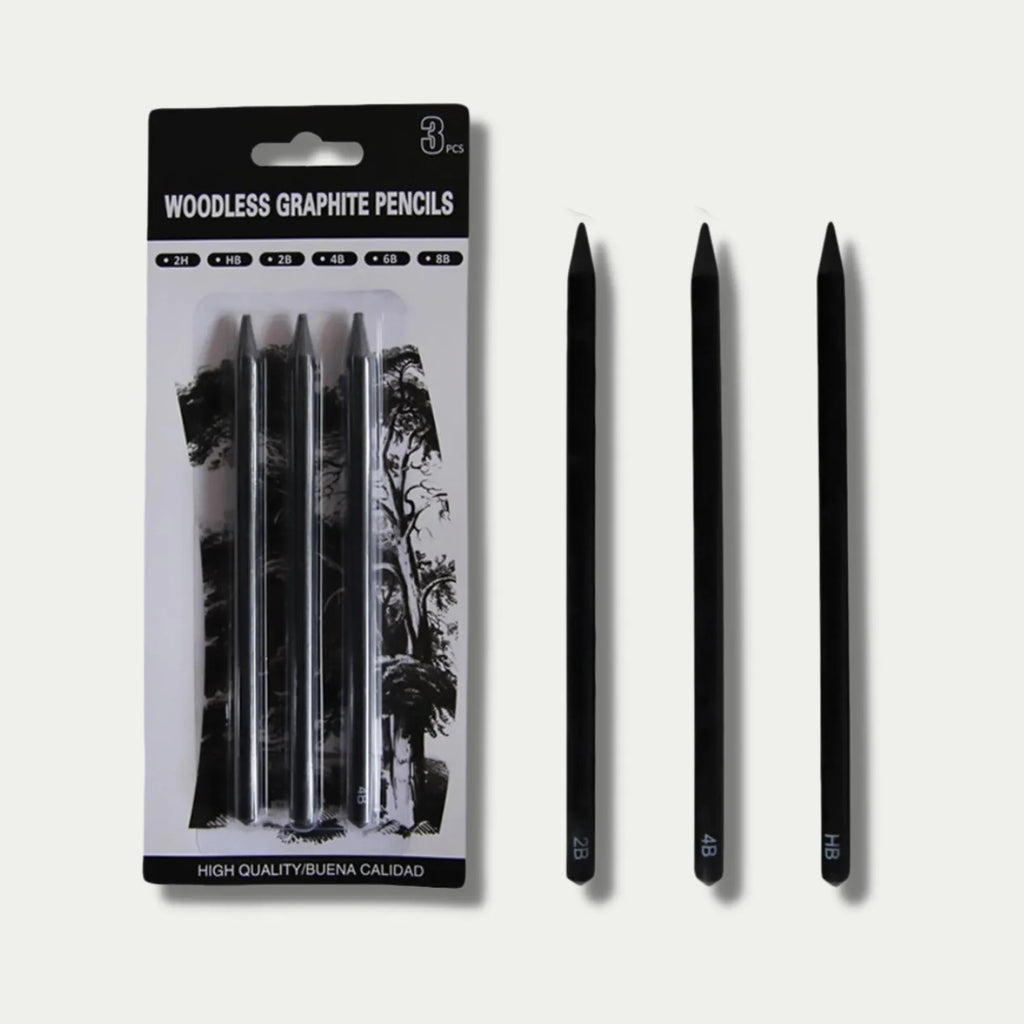 Set of six wood-free graphite sketching pencils in grades HB, 2B, 4B, 6B, 8B, and EE for art drawing.