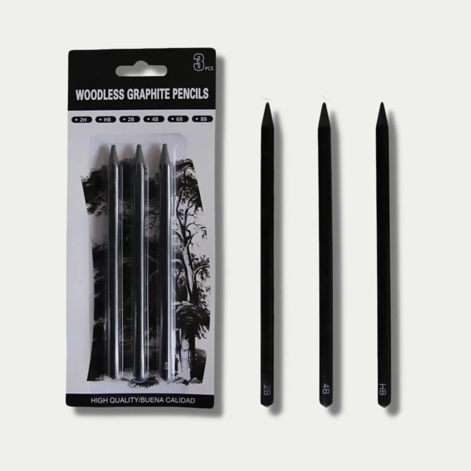 Set of six wood-free graphite sketching pencils in grades HB, 2B, 4B, 6B, 8B, and EE for art drawing.