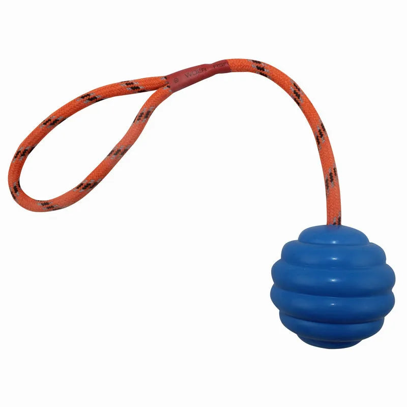 Rubber dog toy ball with rope knot in multiple colours including red, orange, yellow and blue