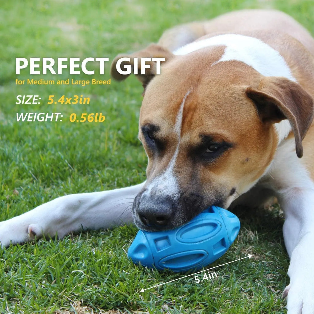 Blue, green, and orange natural rubber squeaky dog chew ball with grooved surface.