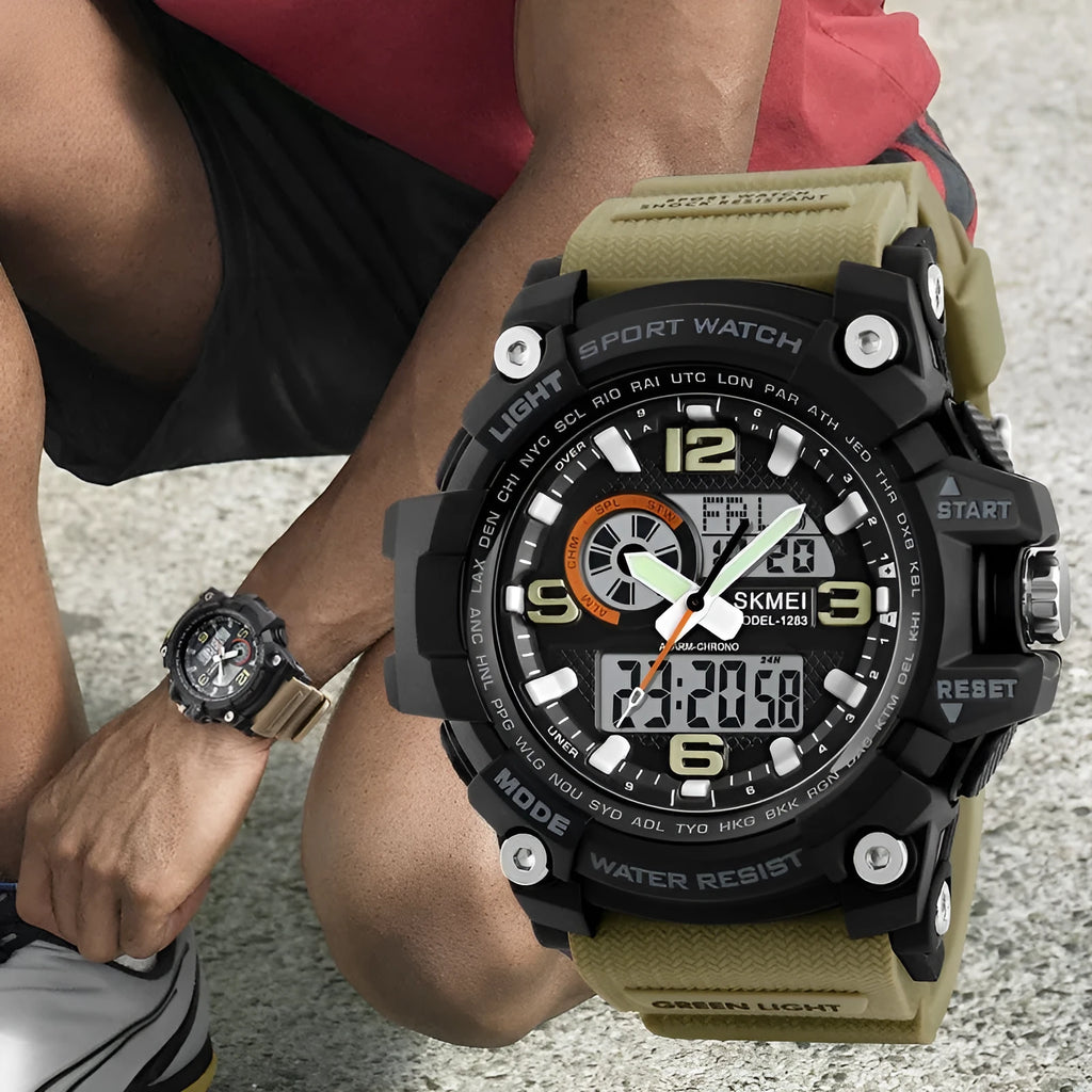 Sports waterproof electronic watch for men with black silicone strap and round dial