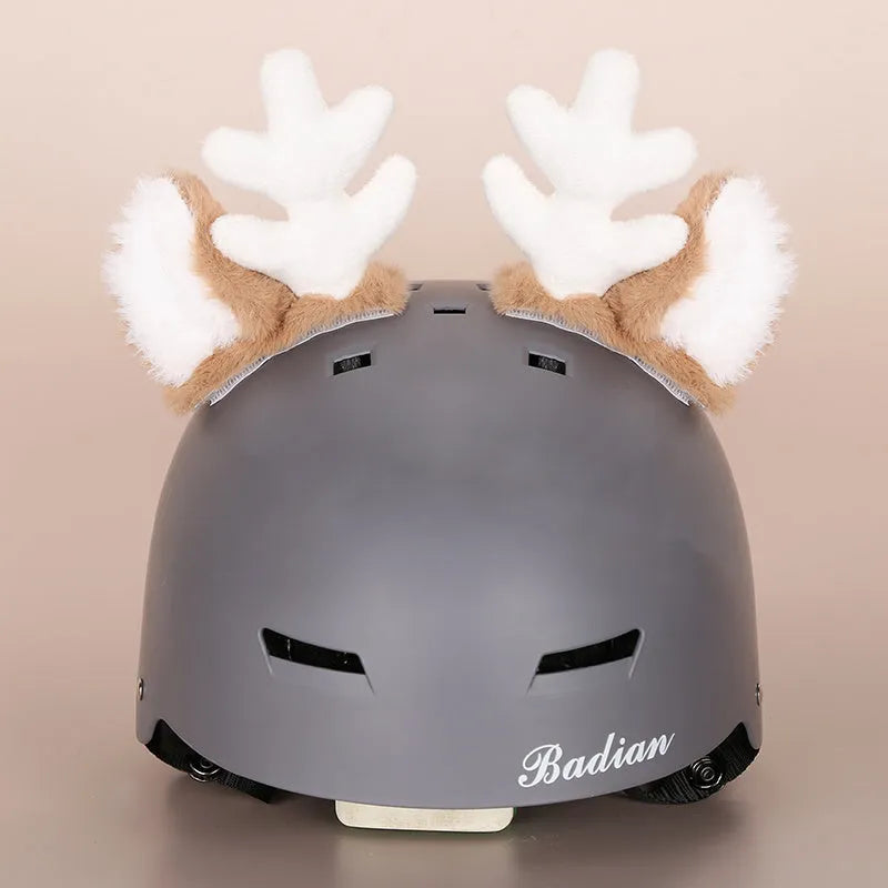 A soft plush cartoon character cover stretched over a medium-sized motorcycle helmet.
