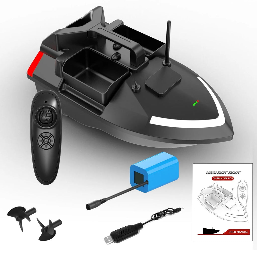 V020 black and luminous yellow remote control GPS fishing boat with handbag and transmitter on grass