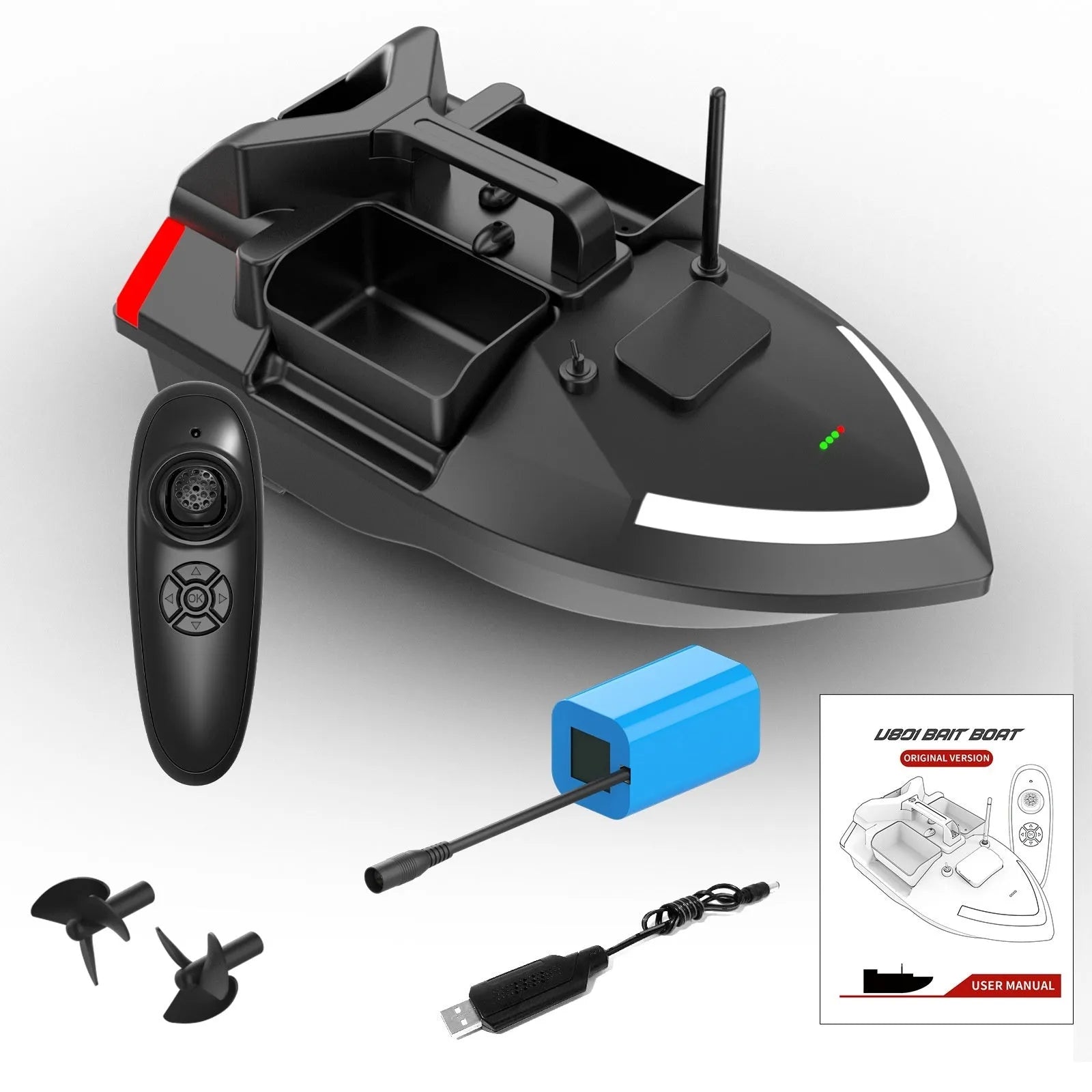 V020 black and luminous yellow remote control GPS fishing boat with handbag and transmitter on grass