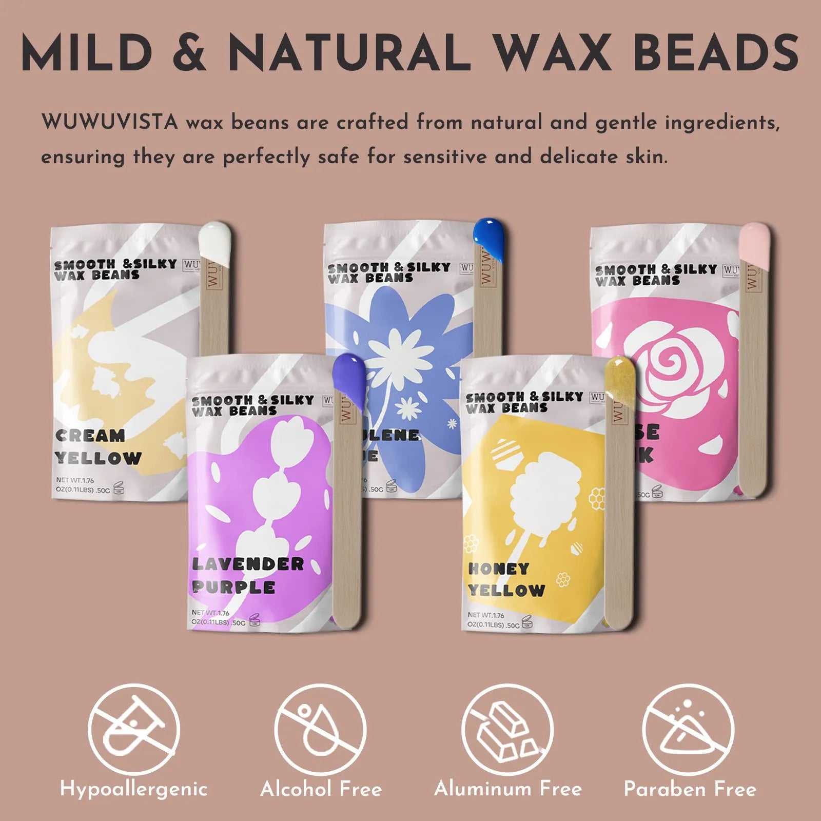 Professional waxing kit with warmer, five jars of hard wax beans, applicator sticks, and aftercare products.