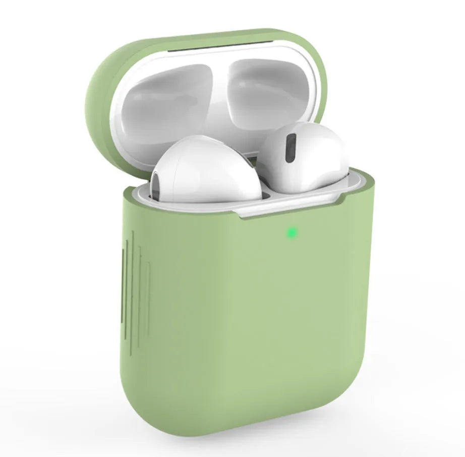 Silicone protective case for Apple AirPods shown in multiple colours, with dimensions 56mm by 47mm.