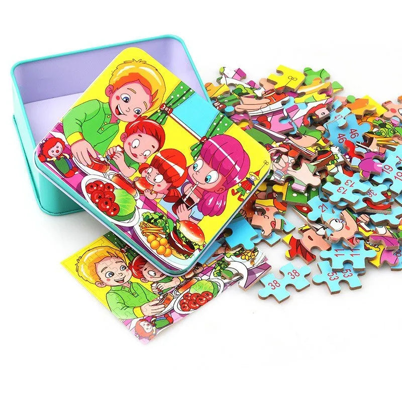 Wooden jigsaw puzzle with 80 pieces for children, featuring animal and school themes in an iron box.