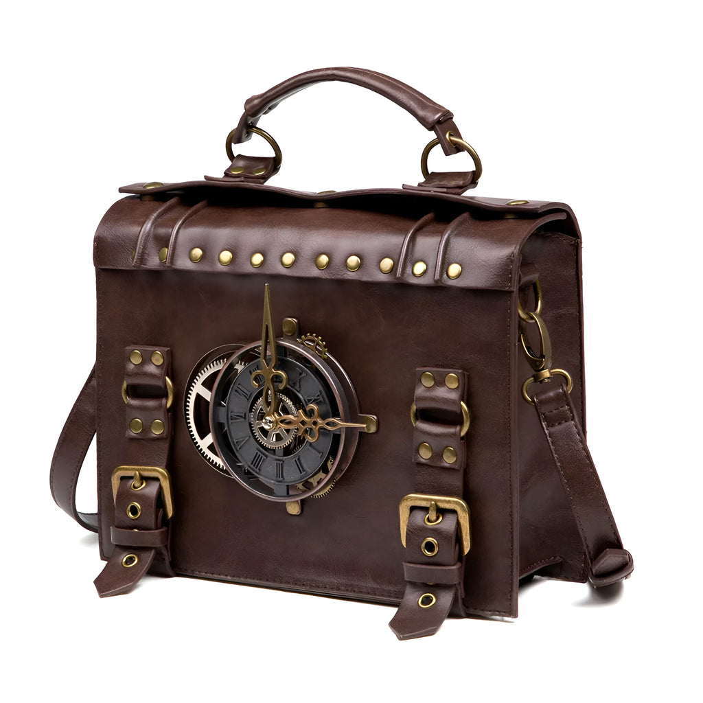 Bronze steampunk industrial retro style shoulder bag with textured PU leather and metal hardware