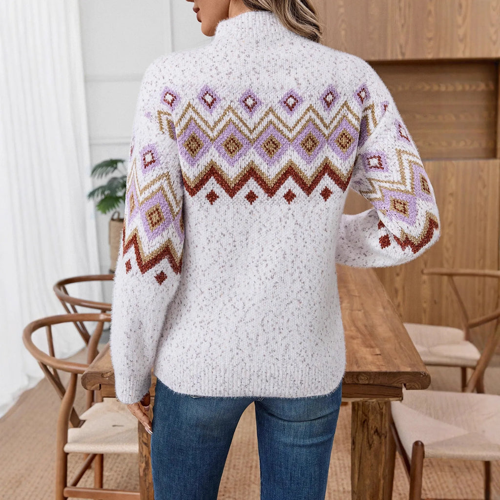 White geometric pattern half turtleneck loose sweater in thick chenille fabric