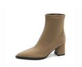 Women's khaki pointed toe fashion boots with a wedge heel on a neutral background.