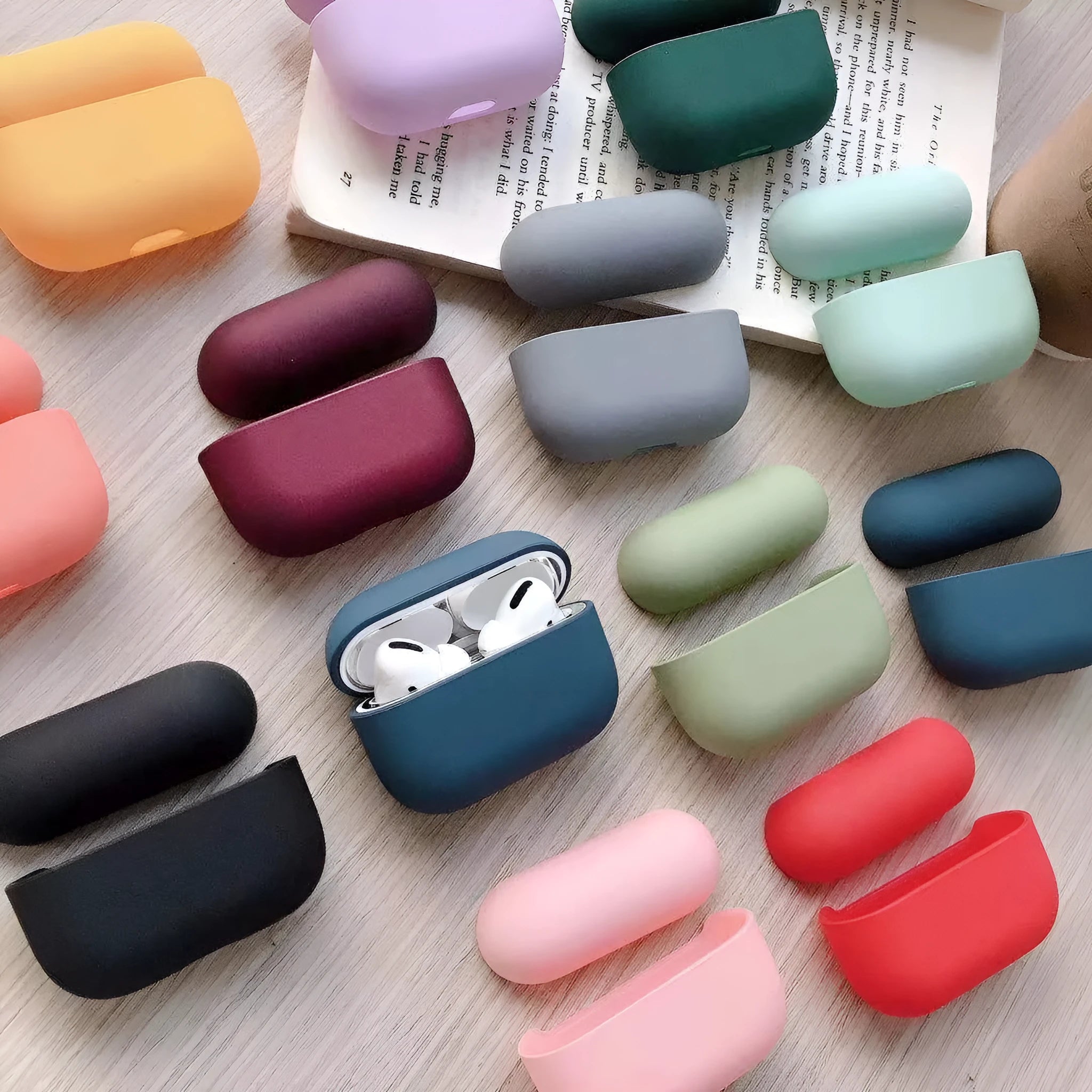 Plastic protective case for AirPods Pro headphones in a selection of different colours.