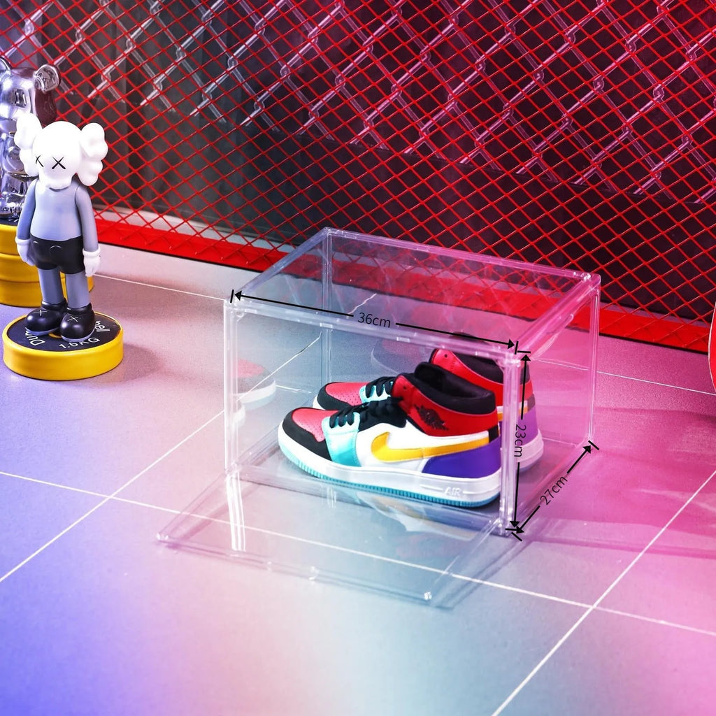 Large transparent acrylic shoe storage box with magnetic side door showing interior shoe storage