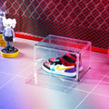 Large transparent acrylic shoe storage box with magnetic side door showing interior shoe storage