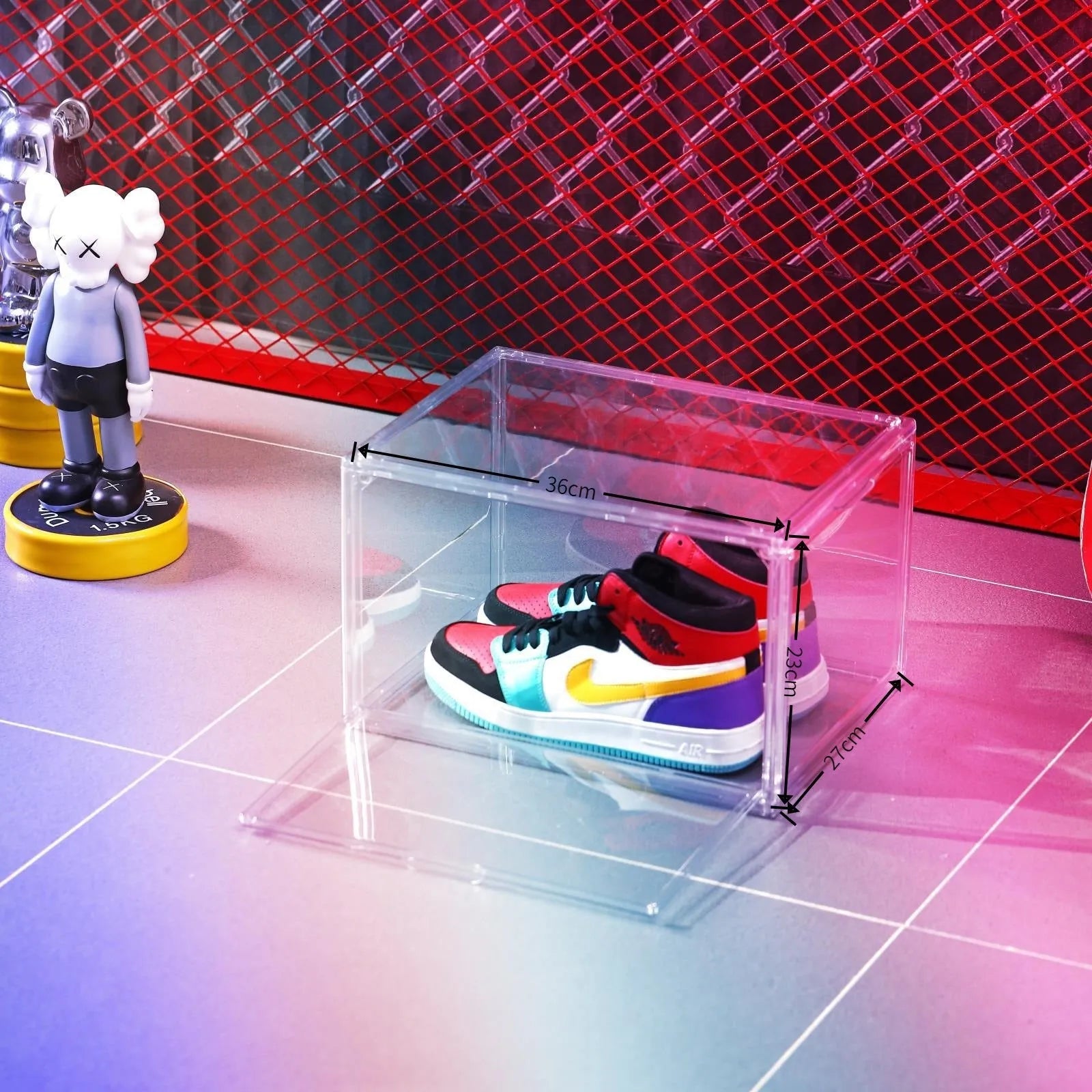 Large transparent acrylic shoe storage box with magnetic side door showing interior shoe storage
