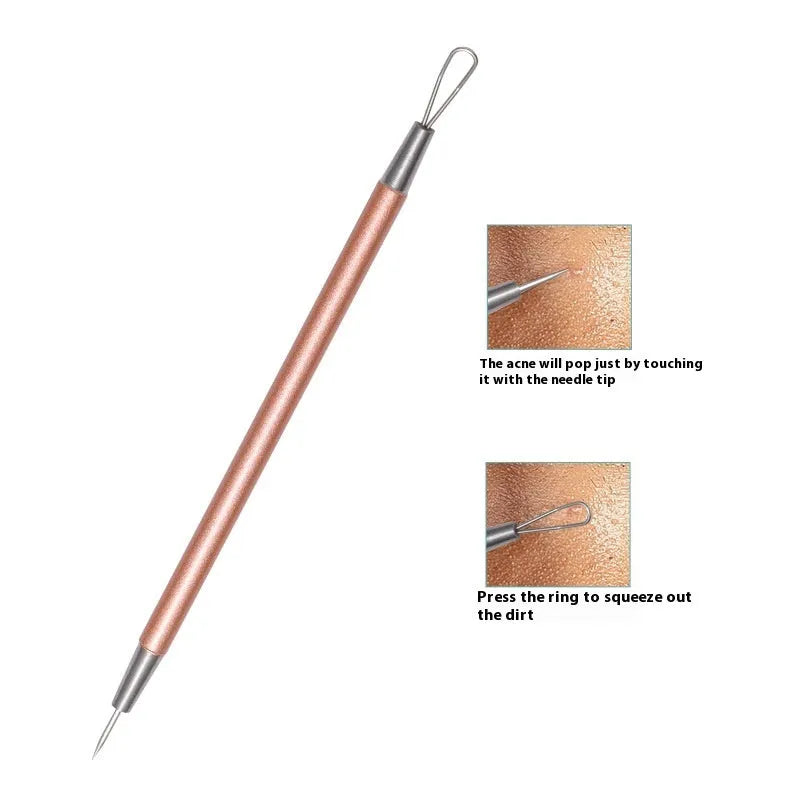Six-piece stainless steel acne needle set in rose gold finish for blackhead and pimple removal