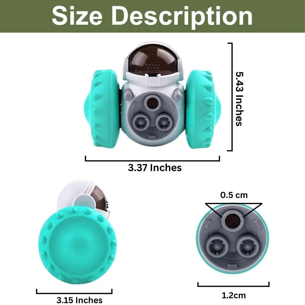 Self-balancing dog treat dispenser toy for small pets in robot design with roller system