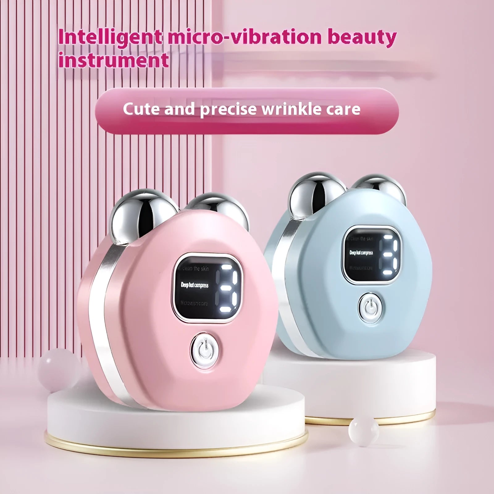 Portable white facial massager with hot compress function and double-roller head on a pink background.