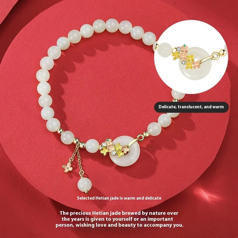S925 sterling silver bracelet with natural Hetian jade beads and peace buckle closure
