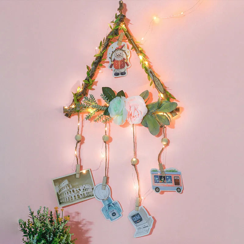 Wooden stick and natural hemp rope photo wall hanging pendant with wooden clips for displaying polaroids