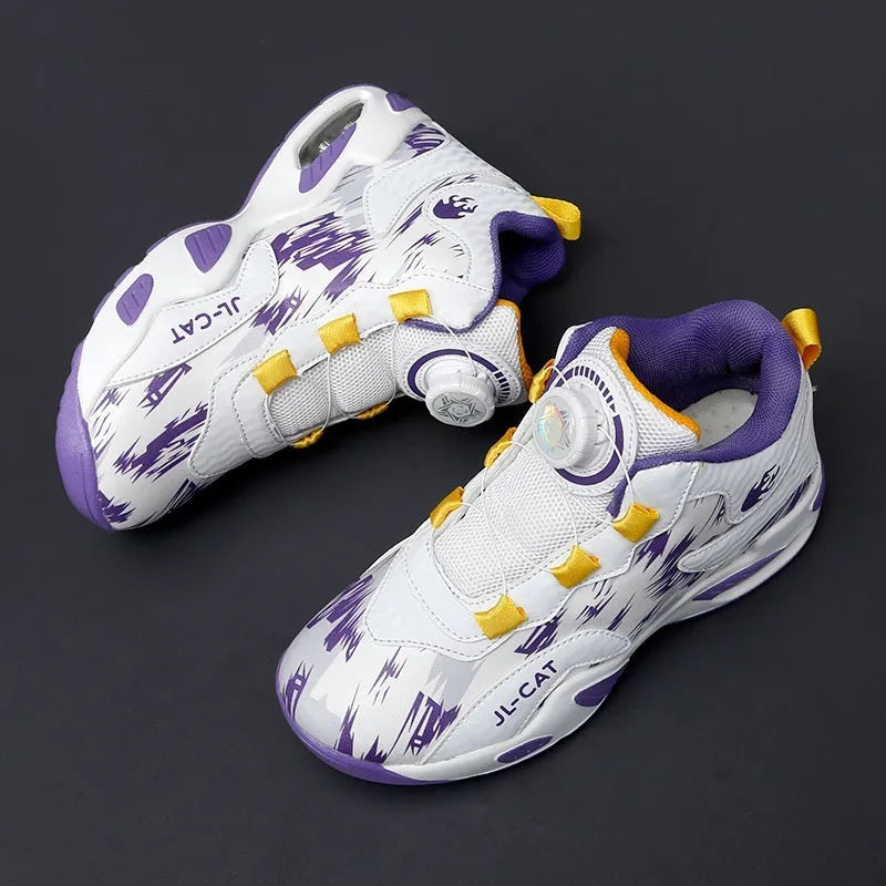 Children's rotating button basketball shoes in synthetic leather, showing waterproof design and colour options.