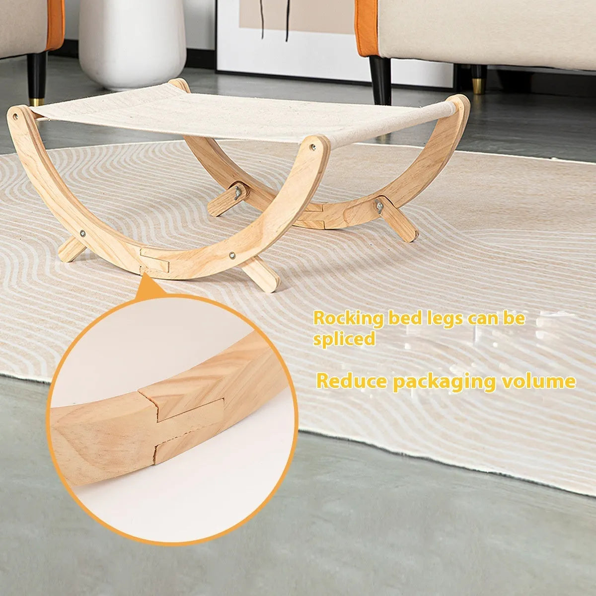 Solid wood frame foldable cat hammock with canvas fabric and grey plush cushion