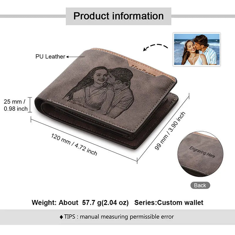Coffee brown engraved horizontal PU wallet with custom photo personalisation.