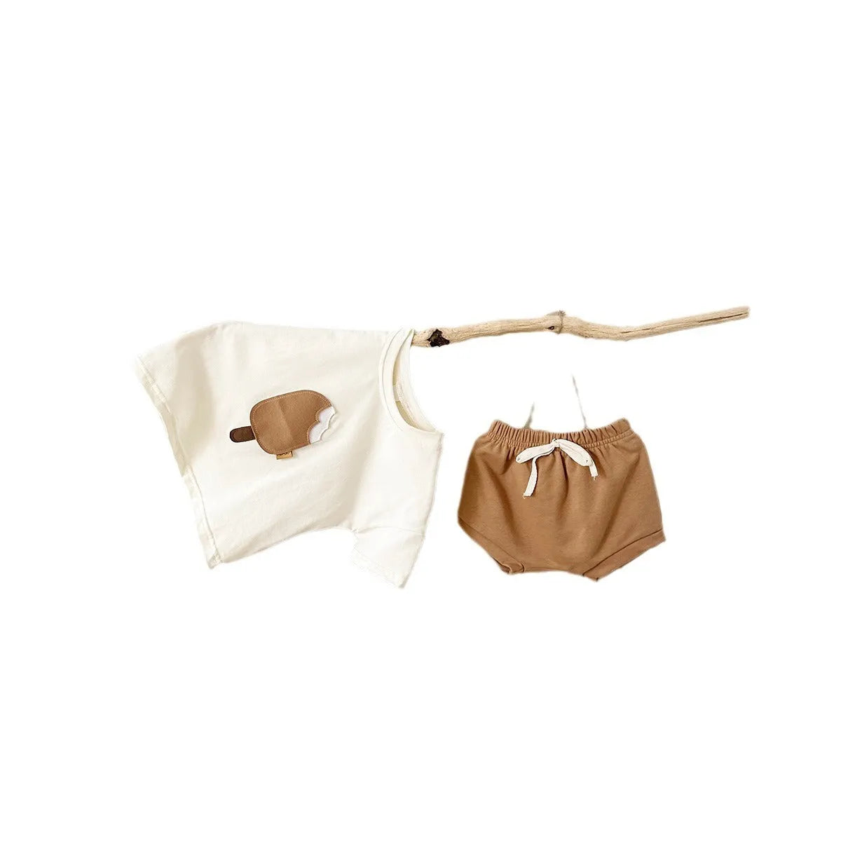 Girls' apricot cotton shorts suit two-piece set with ice cream patch on shirt.