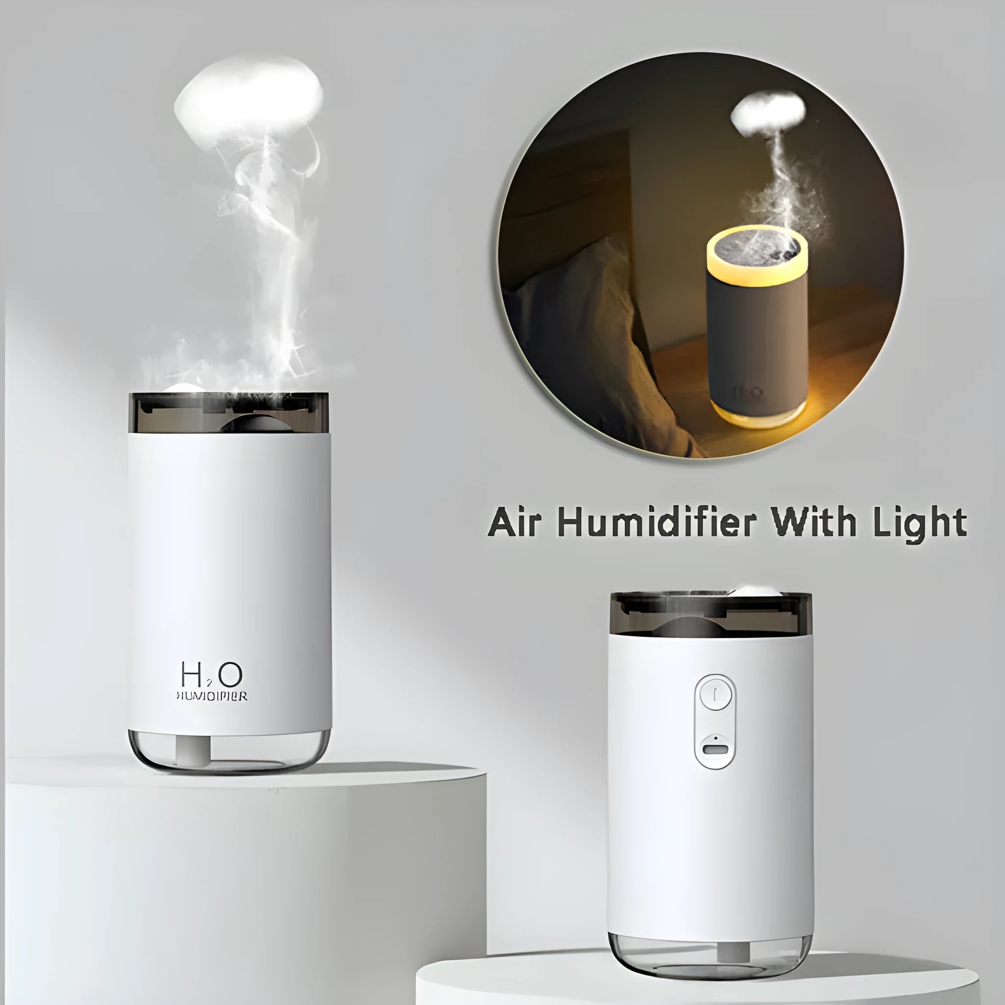 White jellyfish humidifier with USB cable, warm night light, and water mist output