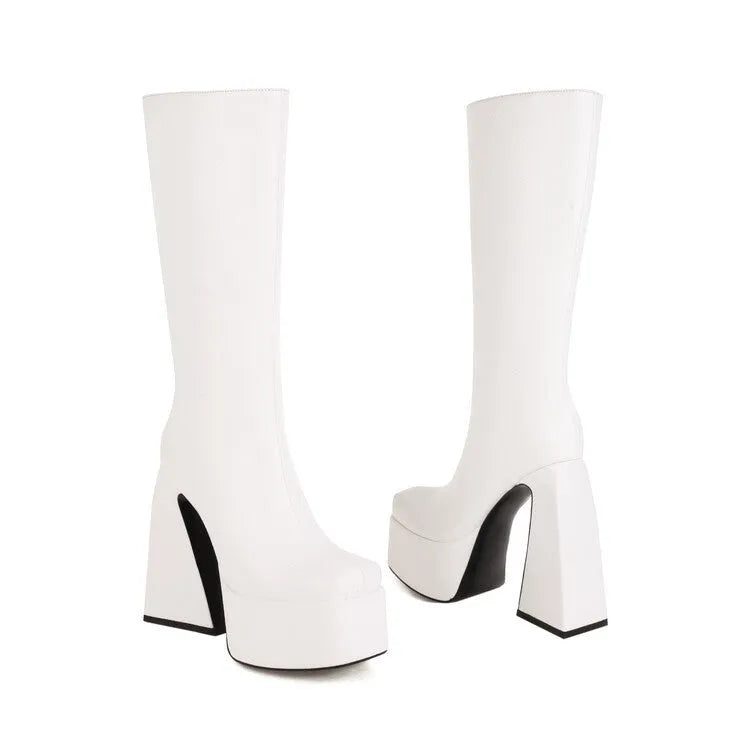 Women's black casual high boots with a round toe, made from PU leather, shown from the side.