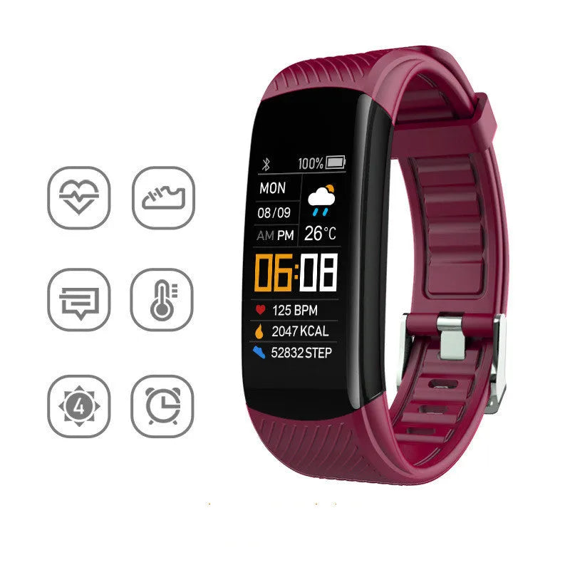C5S model black waterproof smart fitness bracelet with 0.96-inch screen on a wrist.