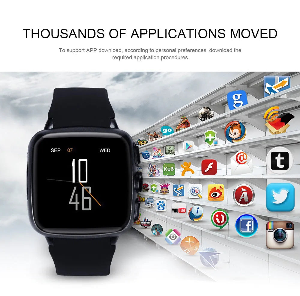 Z01 smart watch in black on a wrist, showing its 1.54-inch touch screen and camera.