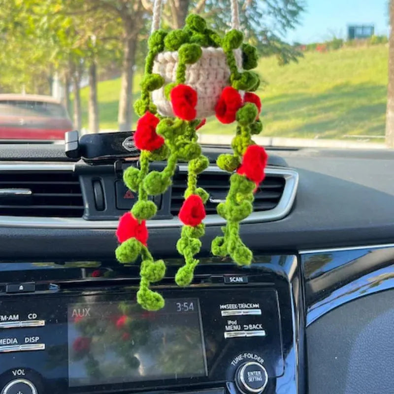 Green and white knitted wool car plant ornament hanging from a rope