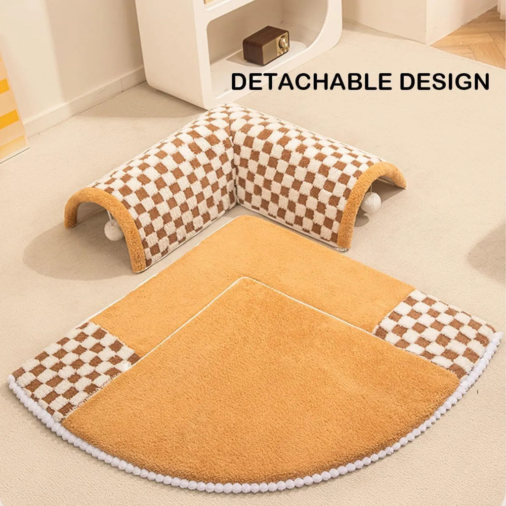 Large XL fan-shaped plush pet bed with a tunnel, in yellow plaid fabric with an anti-slip base.