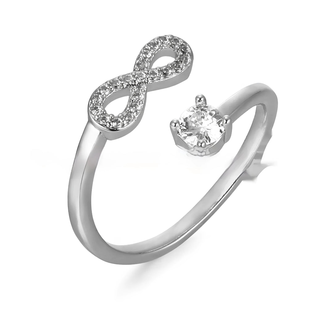 Geometric open ring with a zircon-studded letter 'A' in a rose gold metal finish.