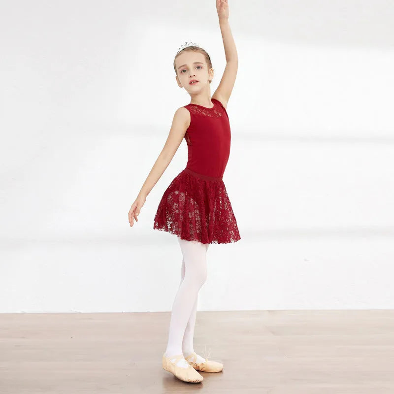Girls short-sleeve ballet practice dress in Lycra cotton with lace trim available in black pink wine red