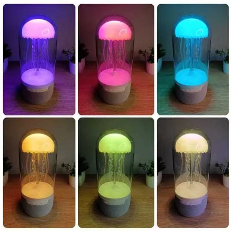 White 3-in-1 Bluetooth speaker jellyfish lamp with LED lights on a desk