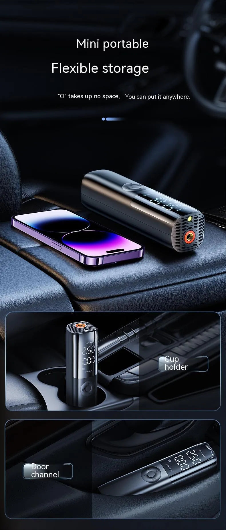 Black portable car tyre inflator with pressure gauge and plug connection