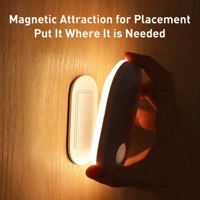 White magnetic human induction night light showing back lighting ring and compact 108x60x22mm size.