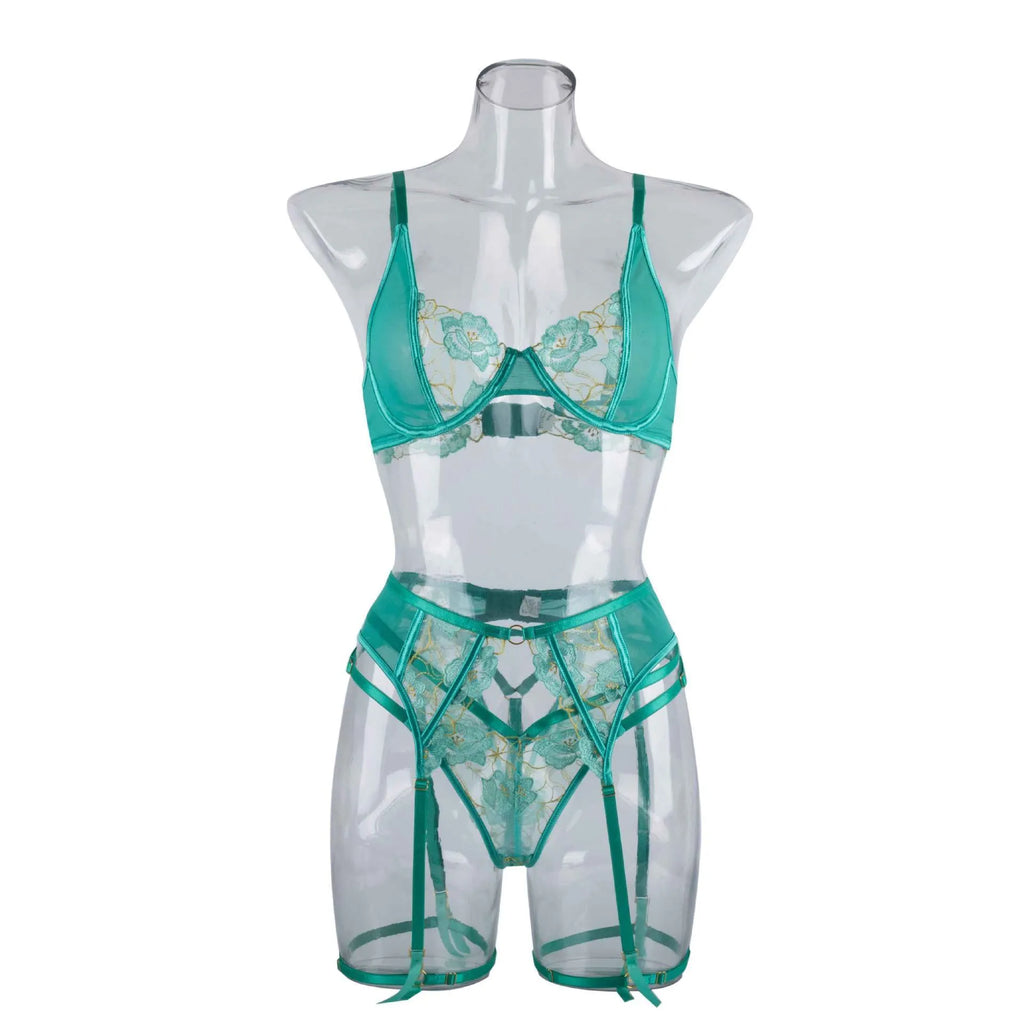 Light green women's bra set with embroidery detail and matching bikini bottoms