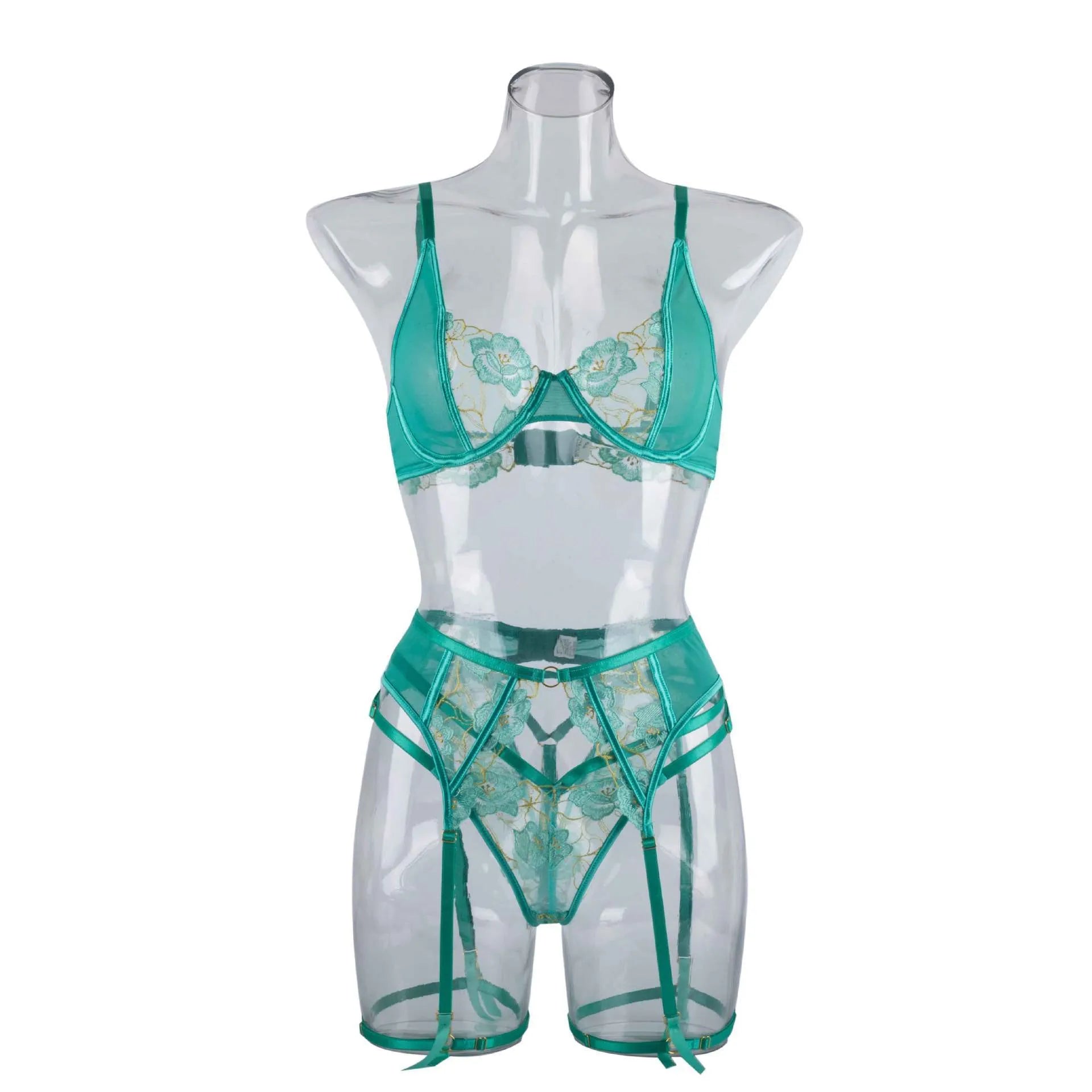 Light green women's bra set with embroidery detail and matching bikini bottoms