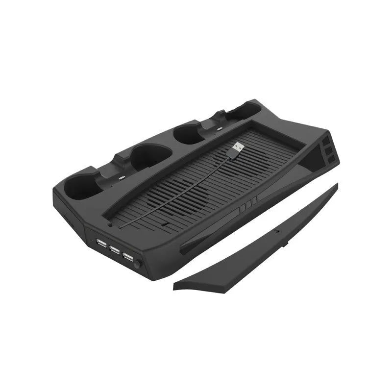 Black PS5 charging cooling base with USB hub, dual controller charging stations, and cooling fan