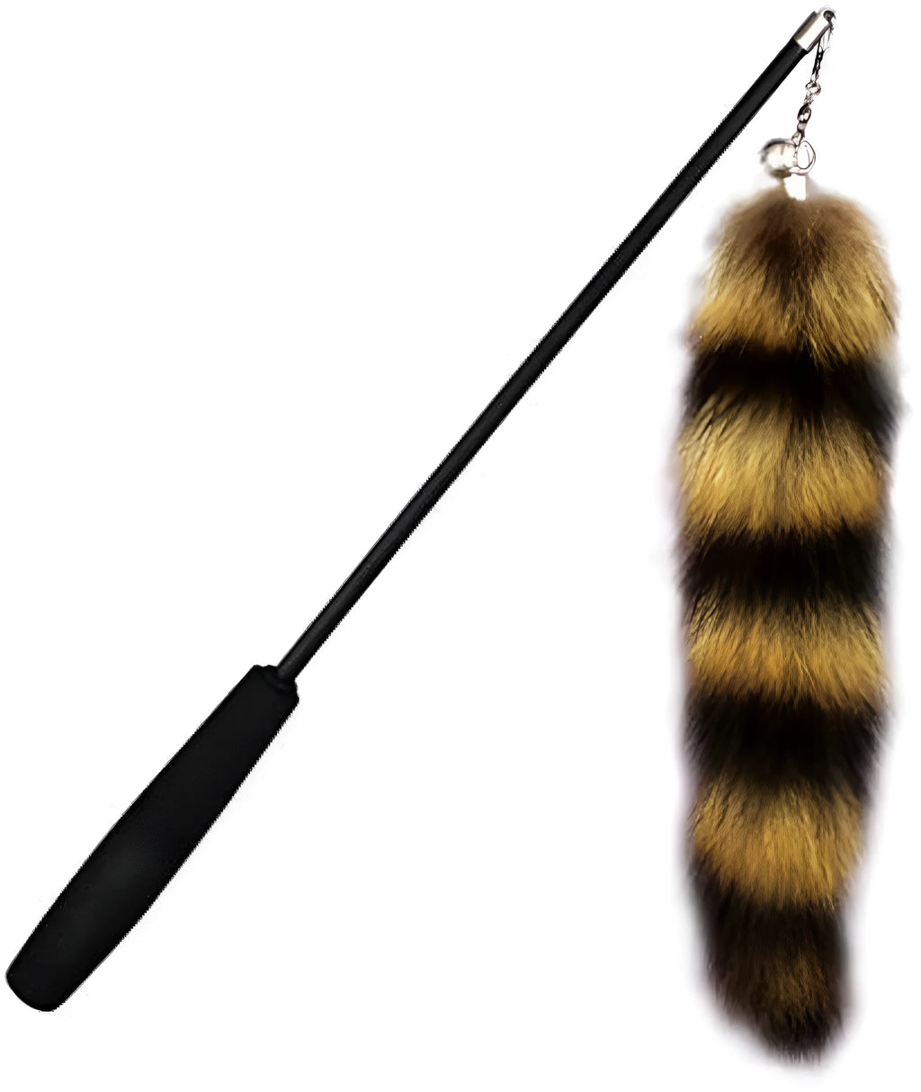 Black cat wand teaser with feather lure and extended elastic string for interactive play