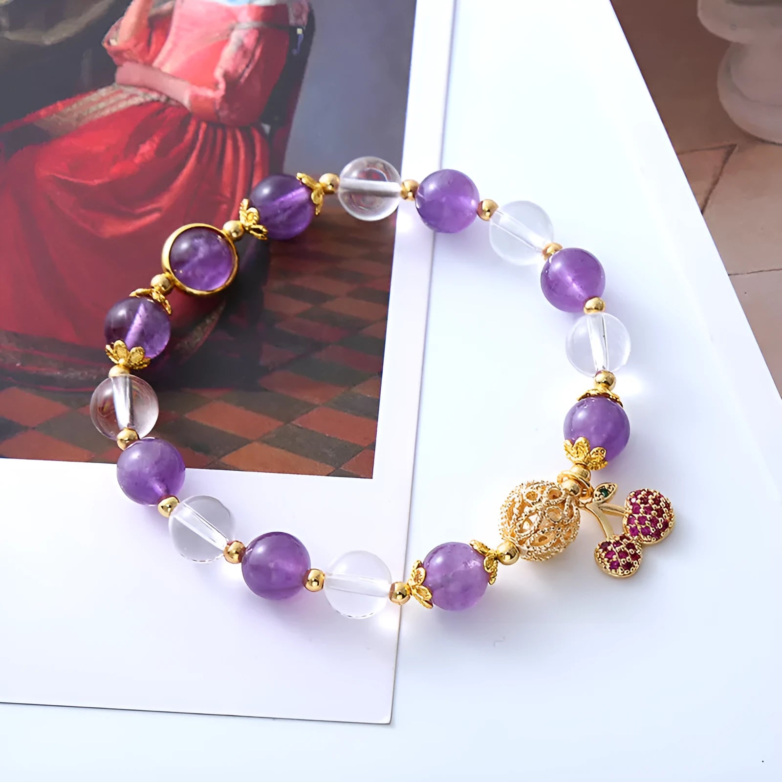 Purple and amethyst crystal bracelet with a manually micro-inlaid cherry flower design.