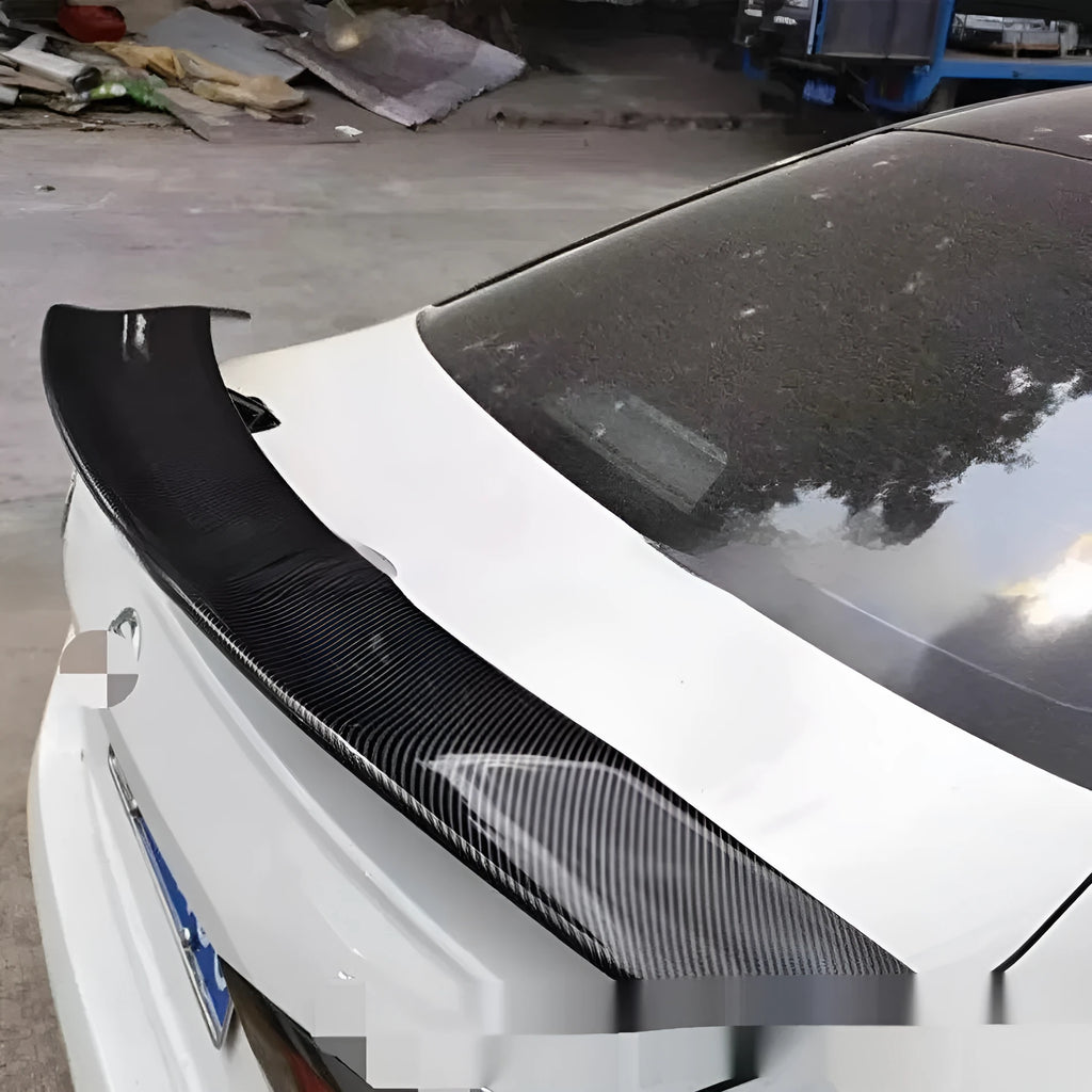 Universal punch-free fixed air design car spoiler tail wing in ABS plastic shown in various finish options.